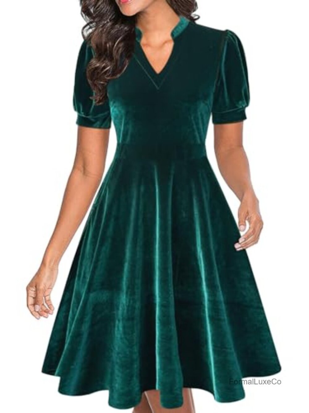 Women's Semi-Formal Fit and Flare Dress with Pockets V-Neck Puff Sleeve